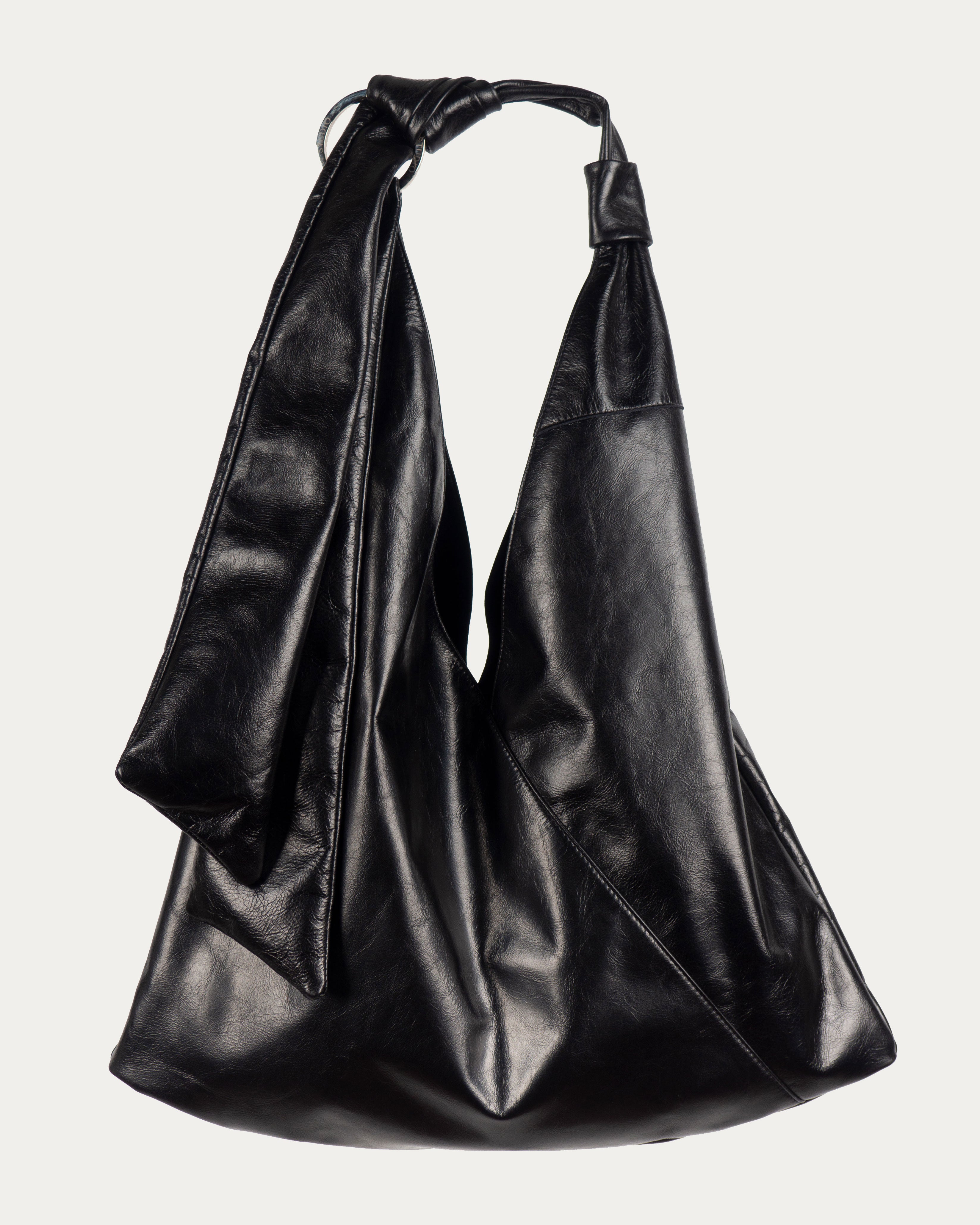 ★Wai Kei★ Artificial Leather Ribbon Hobo Bag Black YKBE01A Vegan Leather Ribbon Hobo Bag BLACK - waikei