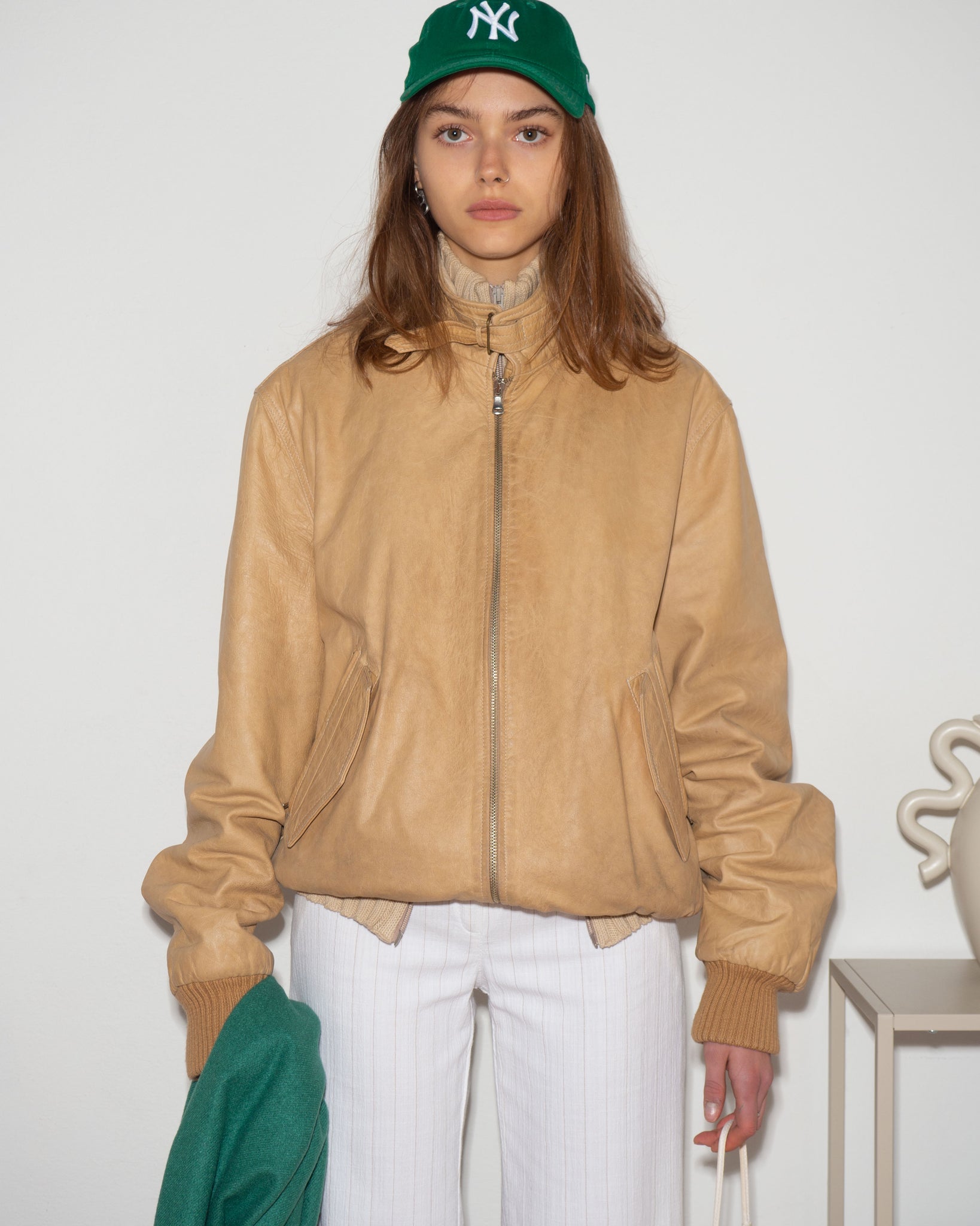 Beige Leather Bomber